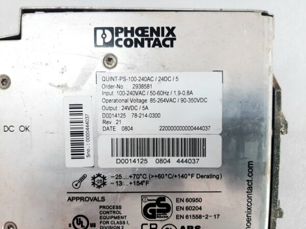 PHOENIX CONTACT QUINT CONTROLLER QUINT-PS-100-240VAC/24DC/5 POWER SUPPLY 2938581