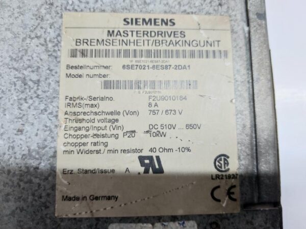 SIEMENS MASTERDRIVES 6SE7021-6ES87-2DA1 BRAKING UNIT